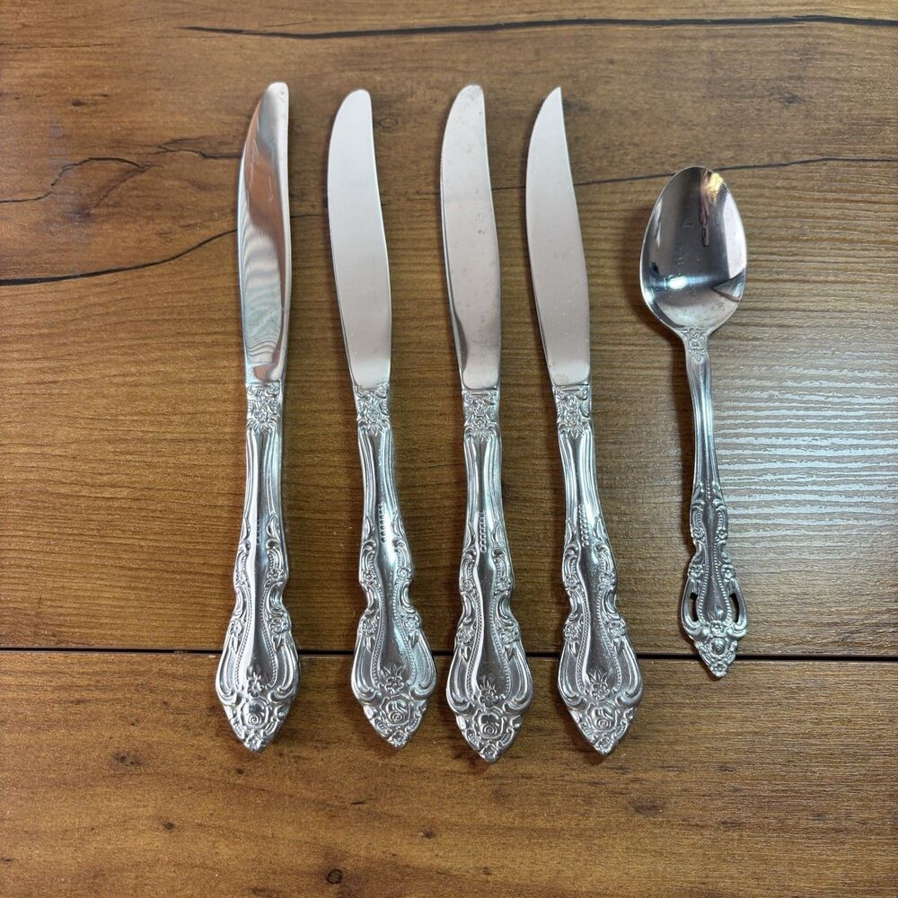 Reed And Barton Select BAROQUE Stainless Flatware 4 Dinner Knives & 1 Spoon